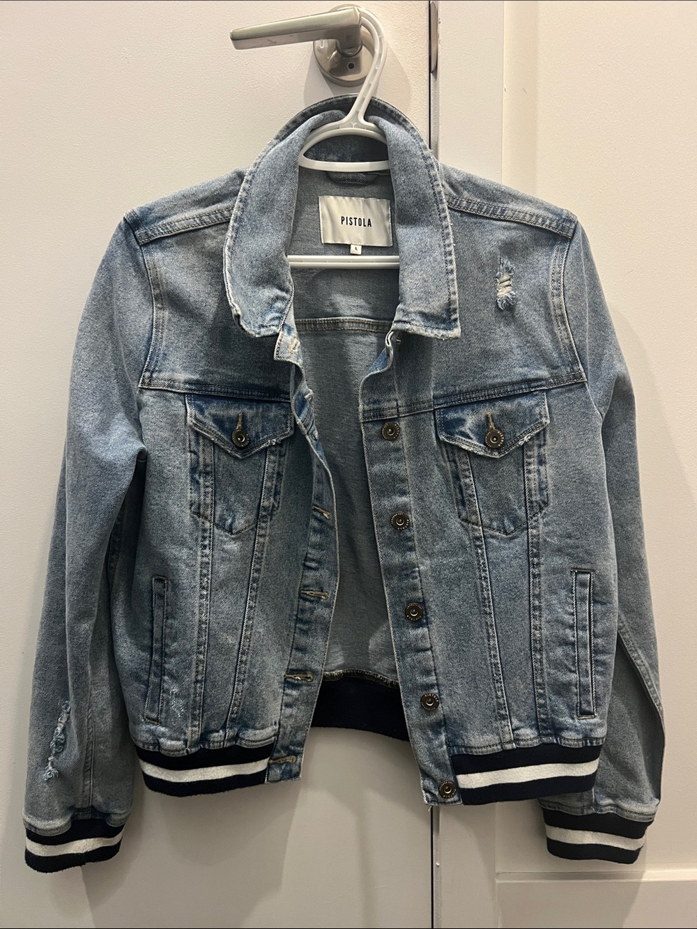 pistola Light Blue Denim Jacket with Navy & White Striped Hem